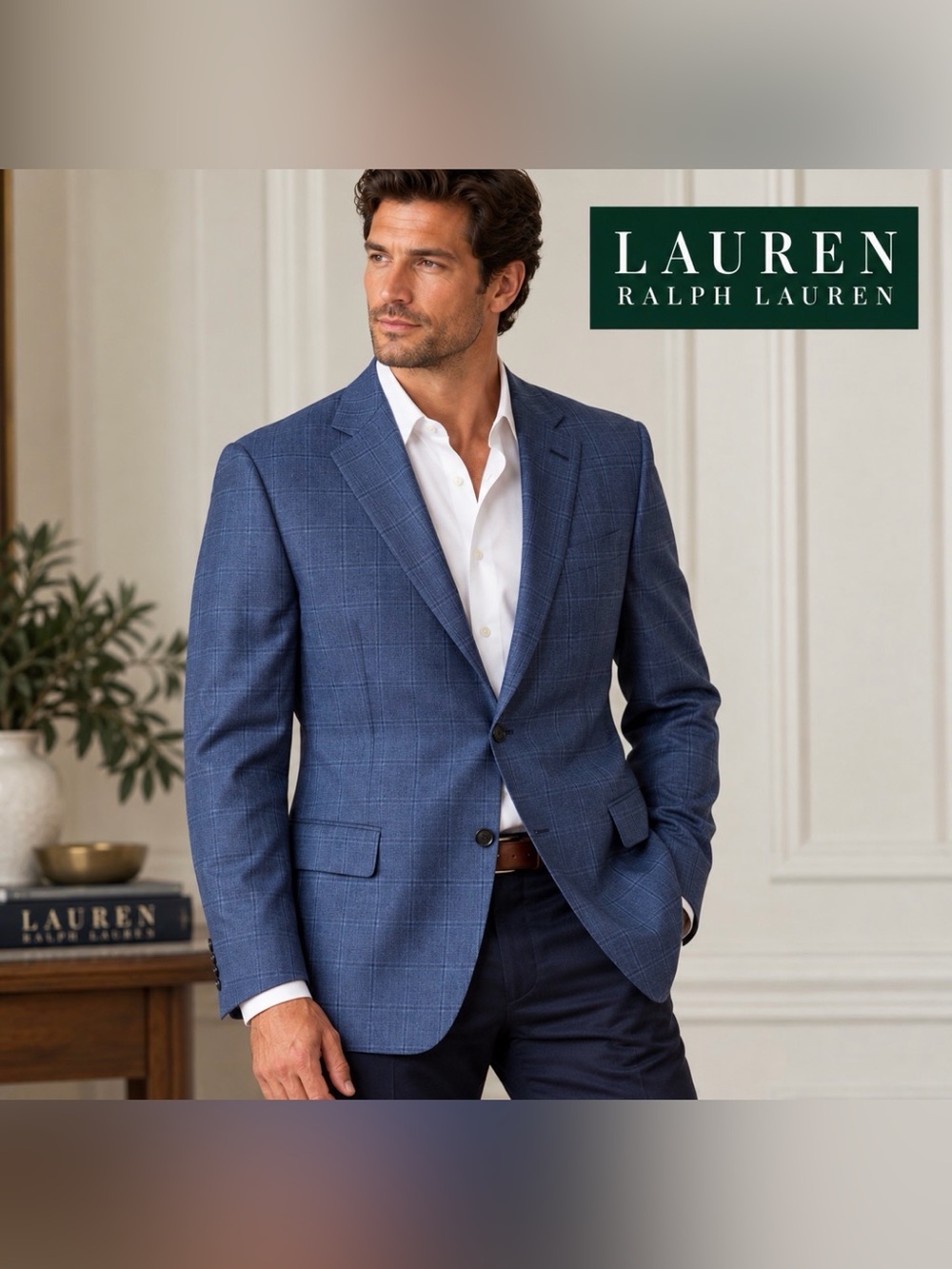 Lauren Ralph Lauren Men's Blue Silk Wool Windowpane Plaid Sport Coat Blazer 48R
